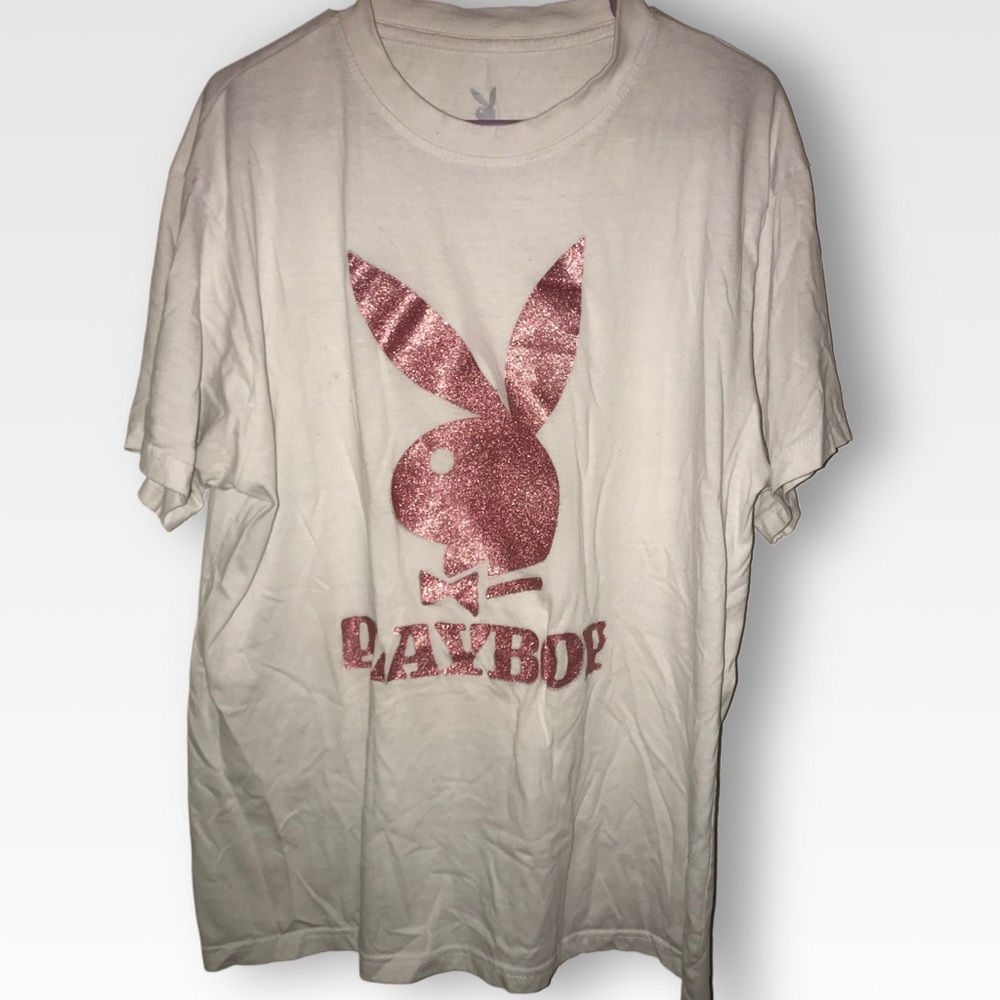 PLAYBOY Pink and White Short Sleeve Tee with Vintage Bunny Graphic